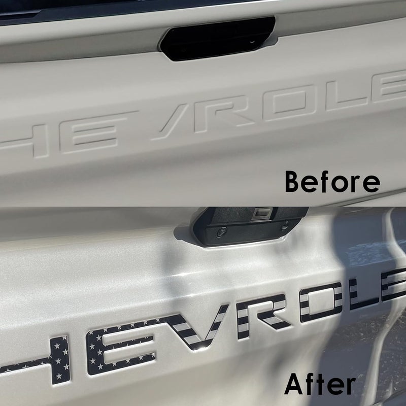 Texflic Tailgate Insert Letters Compatible with ChevySilverado 2019 2020 2021 2022 2023 2024 2025 Accessories 3D Rear Emblems Badge with Strong Adhesive Black American Flag - Image 3